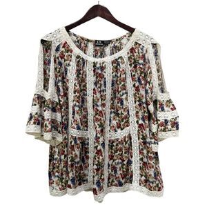Floral Lace Trim Blouse Cold Shoulder Angel Sleeves L Large